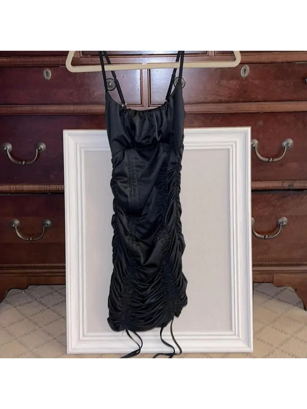 Black bodycon dress with shirred bust and ruched sides with ties- S